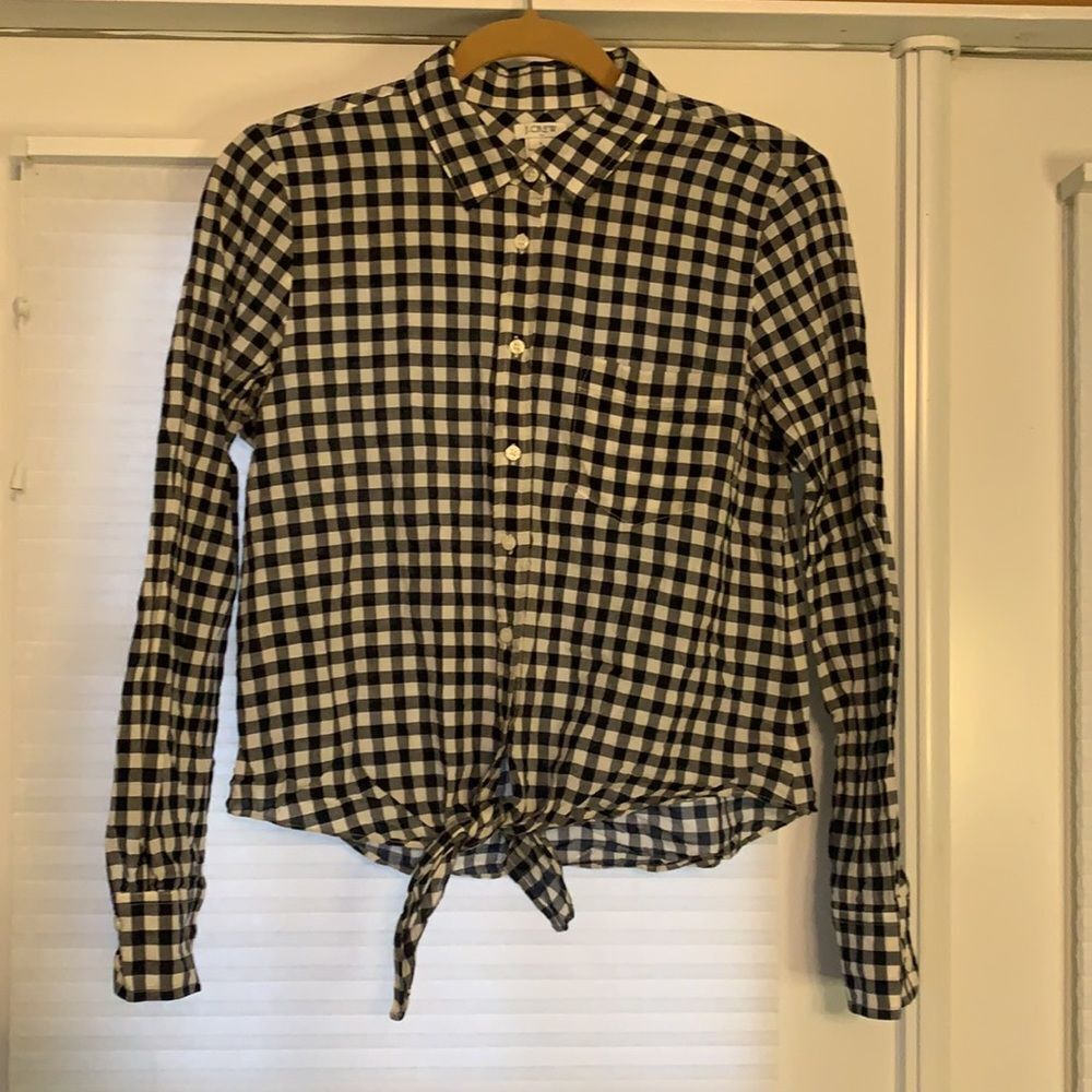 J. Crew Black White Plaid Button Down Top Shirt Ties Waist Small